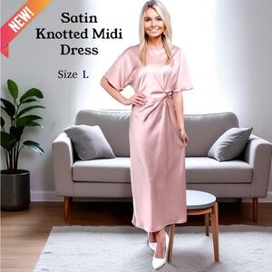 NEW Satin Glam Pink Ruched Knotted Midi Dress
